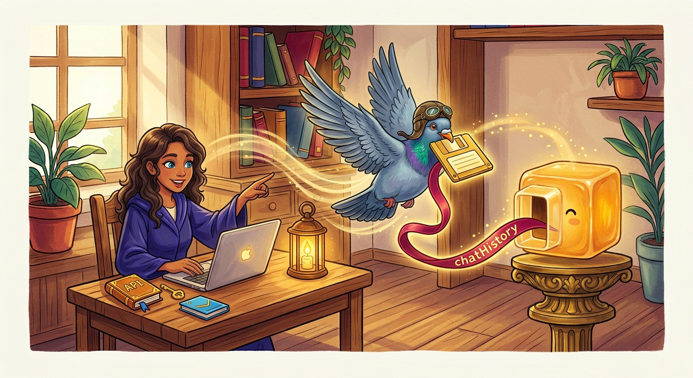 Step 3: The aviator pigeon carries the chatHistory floppy disk across the room to the glowing LLM cube